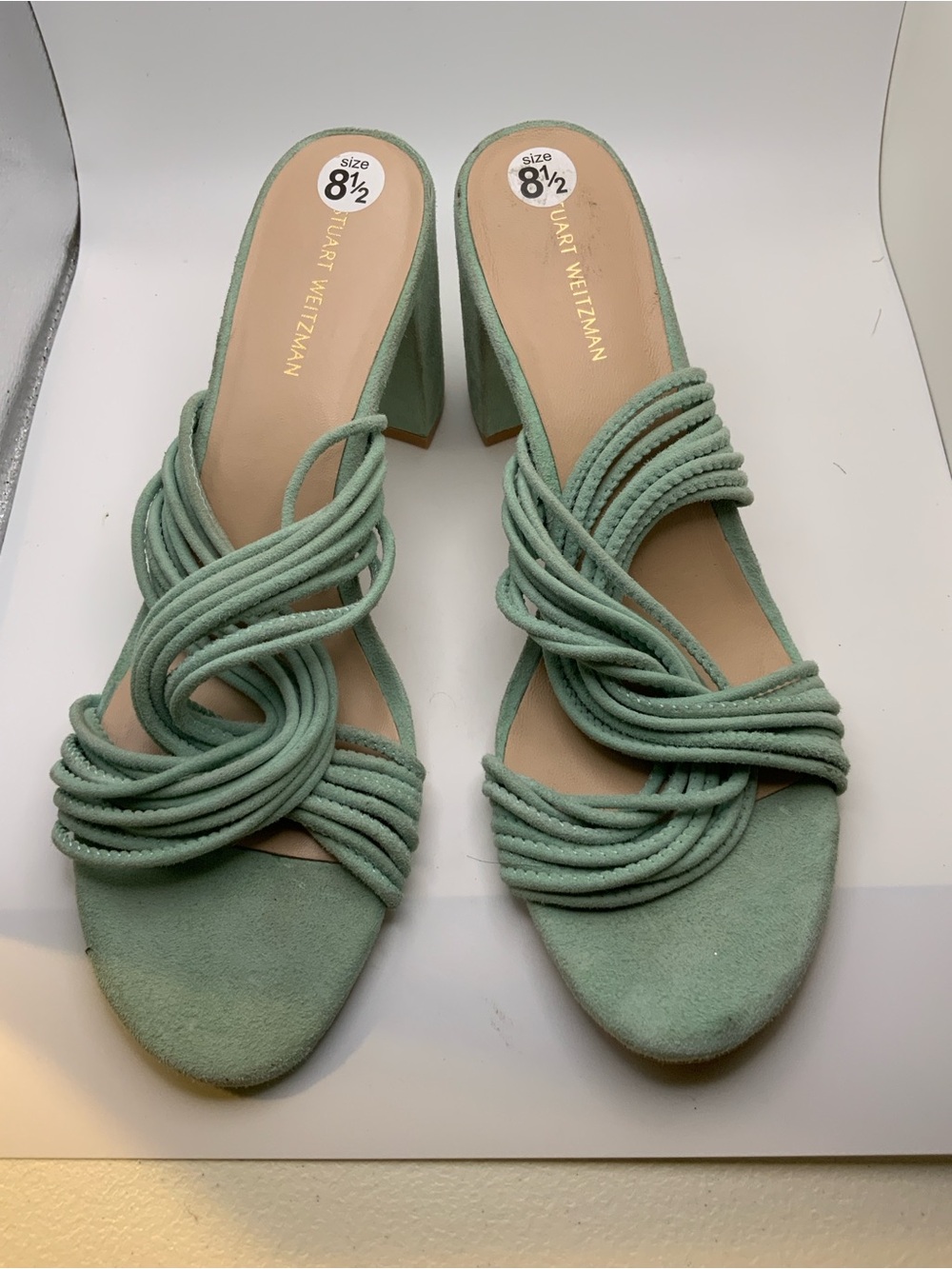 Stuart Weitzman Mint Green Suede Sandals with Block Heels